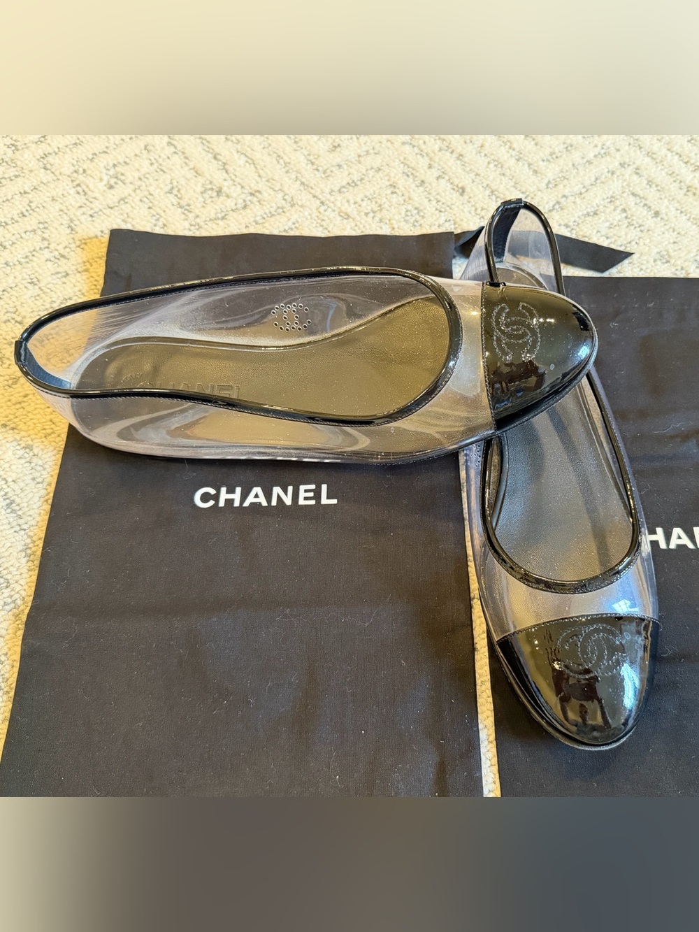 CHANEL Vintage Clear Ballet Flats w/ Black Patent Leather CC Cap Toe & bow